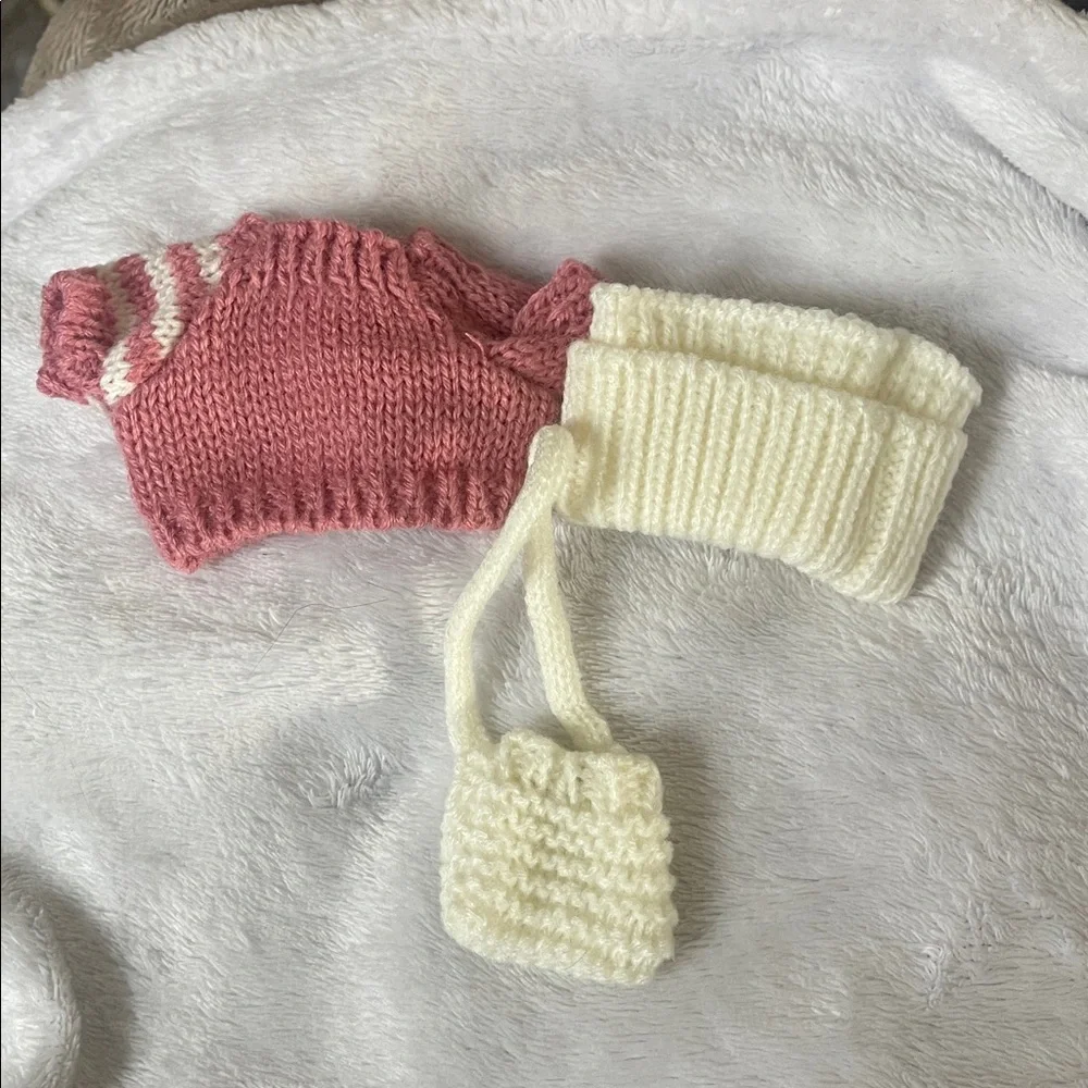 Pink and Cream Knitted Labubu 3 piece Set purse sweater hat nwt